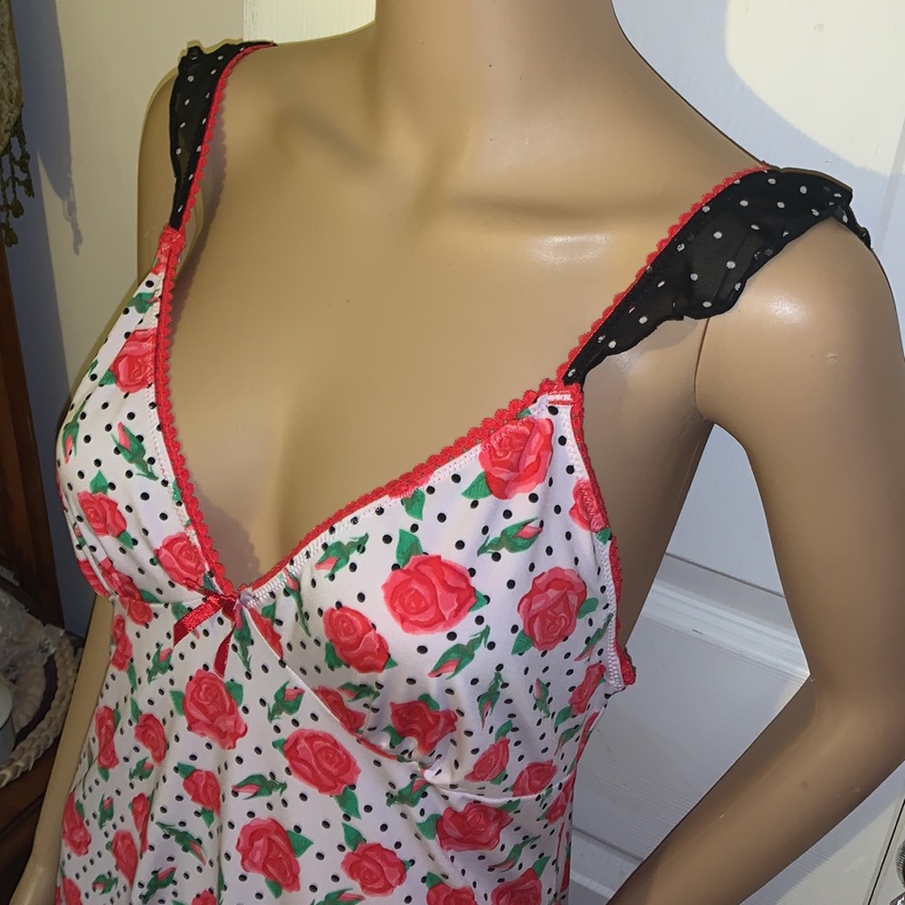 Polka dot roses pink & black chemise mini night gown Pajama dress L
